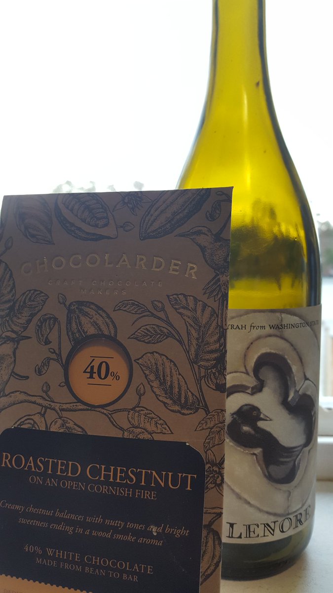 VictoriaCRandom's tweet photo. Last night I really enjoyed this combo of @chocolarder #roastedchestnut #whitechocolate with #corvidaewineco Lenore 2017 #syrah #washingtonstate #redwine #wineandchocolate https://t.co/e15aPQuS4I