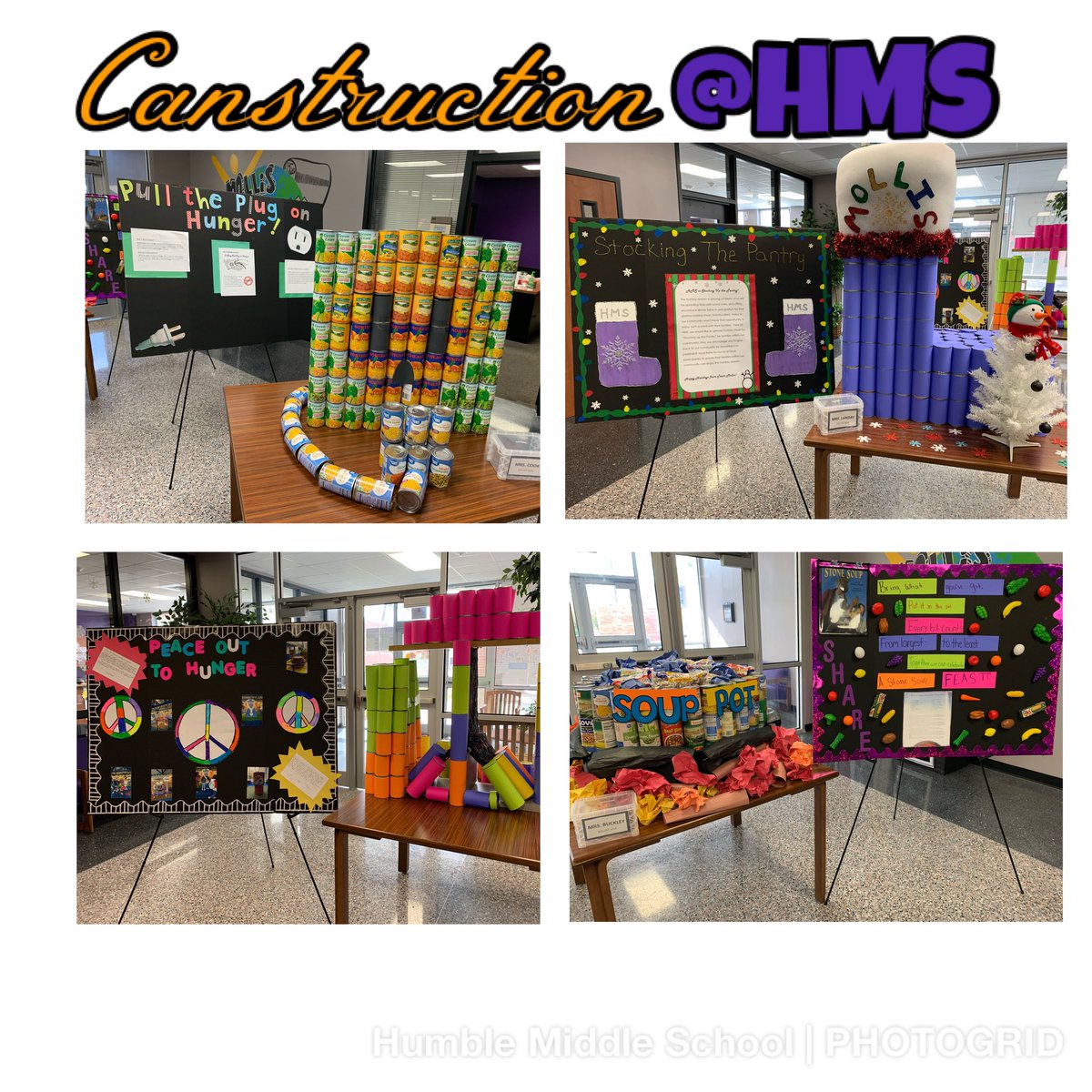 TamikaBartley's tweet photo. We are beaming with pride for our 7th grade RELA team 📚! Inspired by @Canstruction Our @HumbleISD_HMS students constructed their own symbols to raise awareness for the fight against hunger. Contributing over 1,242 cans to our local food pantry! #subjectintegration #PBL https://t.co/EMYryZdPye