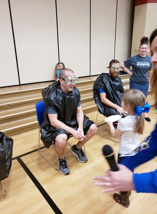 XeniaSchools's tweet photo. That's not snoooowww... After students raised $282.93 for charity, Mr. Poole, Mr. Hannon, Mrs. Linsenbigler & Mrs. Nix got an up-close view of shaving cream pies! Congrats to the students *and* teachers who received 1 of 100 Golden Tickets. #niceaim #ShawneePTO #foragoodcause https://t.co/unTTHiVgA5