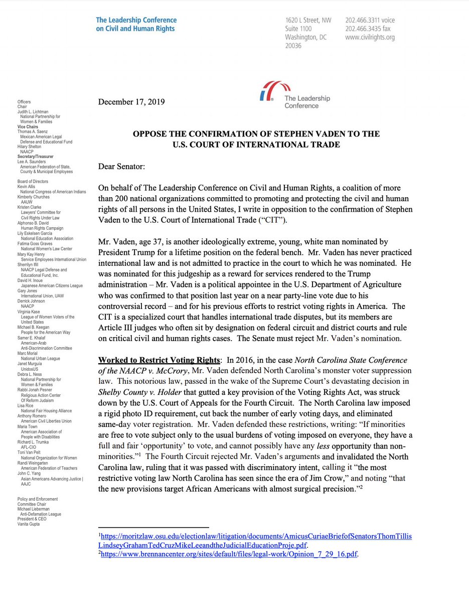 Page 1 of our letter of opposition to Court of International Trade nominee Stephen Vaden.