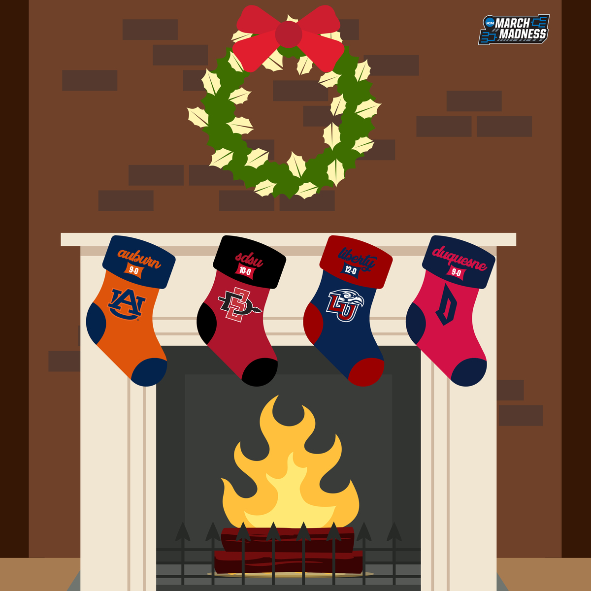 MarchMadnessMBB's tweet photo. The stockings were hung by the chimney with care,
In hopes that a loss is extremely rare. 🎄

Just 4 teams remain undefeated. 👀 https://t.co/DWJXc6BTBX