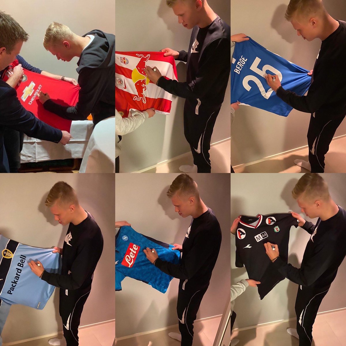 Quite a funny response by Håland but the shirts he is "signing" are shirts you'd expect him to have:

• RB Salzburg: current club
• Molde: breakout club
• Leeds: father's shirt
• Napoli: UCL opponent
• Bryne: first club

Why would he have a #mufc shirt?