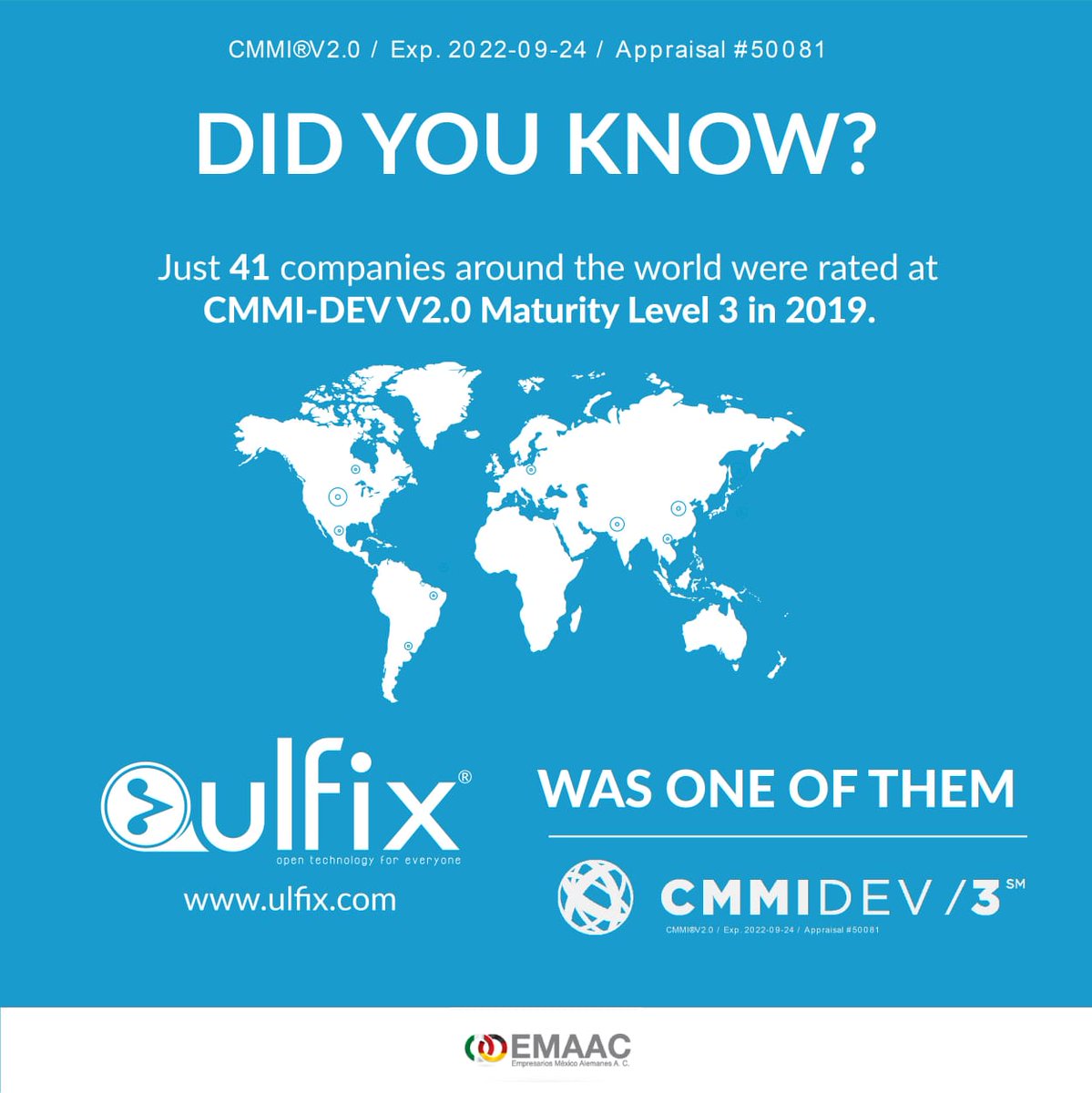 Emaac_oficial's tweet image. Just  41  companies around the world  were rated at CMMI‐DEV V2.0 Maturity Level 3 in  2019  and Ulfix was one of them   #Ulfix #México #CMMI #FábricaDeSoftware #SoftwareFactory
#sociosEMAAC #soyEMAAC