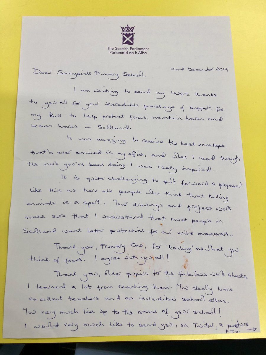 SunnysidePri's tweet photo. During the election, the purdah rules meant we couldn’t thank the politicians who were supporting our campaigns. But this fab letter from @AlisonJohnstone was because we were supporting her very important Bill protecting wildlife like 🦊&🐇from hunting for sport. #NotFairGame https://t.co/3MlNjt5kPv
