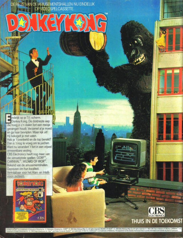 German Atari advert for Donkey Kong. A guy in a gorilla suit gets ready to throw a barrel at a man in a tuxedo on a spiral staircase.