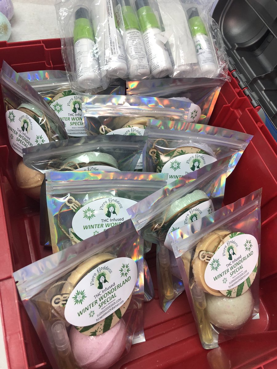 FloragoddessOK's tweet photo. Just delivered a brand new batch of #CANNAGASM &amp; the Flora Goddess #winterwonderland sampler to our friends at @LegalLimitOKC ! 
Great way to try 3 different ways to deliver your medical #cannabis and see what works for you! #bathballs #soap #cannagasm sample spray! https://t.co/6BFIQR77KH
