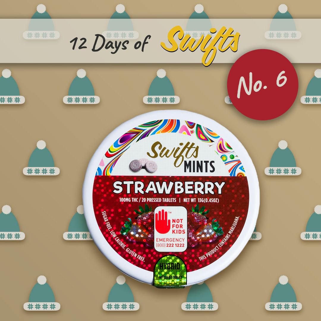 Swifts_Edibles's tweet photo. #12DaysofSwifts: Day 6
#Strawberry Swifts Mints
Super flavorful, and at 5mg per piece, these little mints are great for #microdosing all holiday long!
#12daysofswifts #happyholidays #giftideas #12daysofholidays #holidayseason #edibles #cannabisinfused #cannabiscommunity https://t.co/xHWtoMyMed