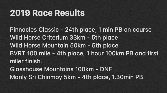 benbergan's tweet photo. It's time to reflect on the 2019 racing year. The balance of work, family, training and racing has been challenging but with a supportive wife I've given it a shot this year. Trying to show some range, racing everything from 5km to 100 miles. https://t.co/xMwmEBEXX9