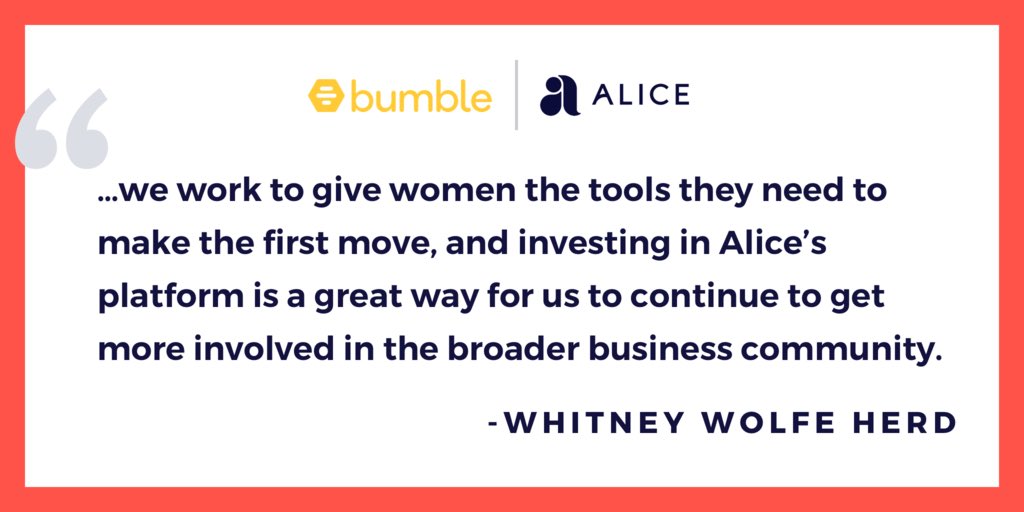HelloAlice's tweet photo. We are proud of @Bumble's investment in Alice.  Leaders like @WhitWolfeHerd are the future of entrepreneurship. Join the #BumbleBizz community today on Alice: https://t.co/0fIyhGRyVc https://t.co/S3Cqvotig5