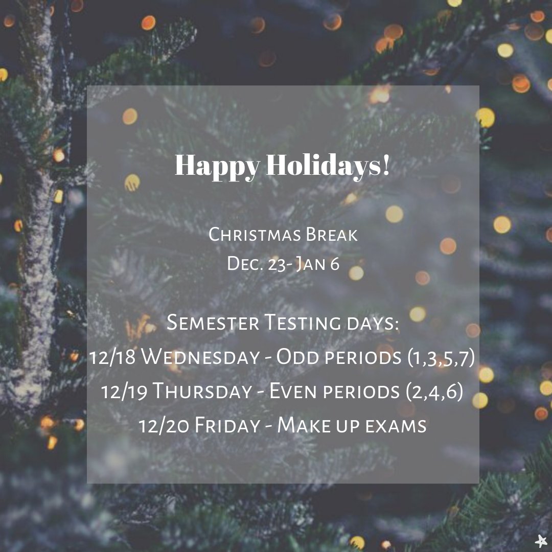 ElkinsSchools's tweet photo. For those who are not exempt, semester exam days are 12/18 (odd class periods) and 12/19 (even class periods). 12/20 is for students who missed exam days. Have a great Christmas Break! #elkpride #christmas #highschoolexams #happyholidays https://t.co/VWX5XsZ9q9