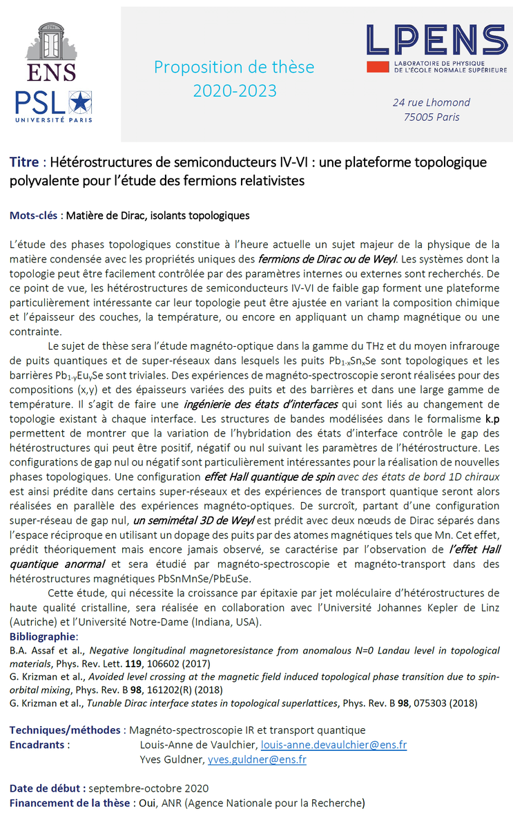 ED397_Sorbonne's tweet photo. Proposition de Thèse @ED397_Sorbonne ED397 @LP_ENS_ LPENS sur Hétérostructures de semiconducteurs IV-VI : une plateforme topologique
polyvalente pour l’étude des fermions relativistes
#phD #ED397 https://t.co/TPtiHax1MJ