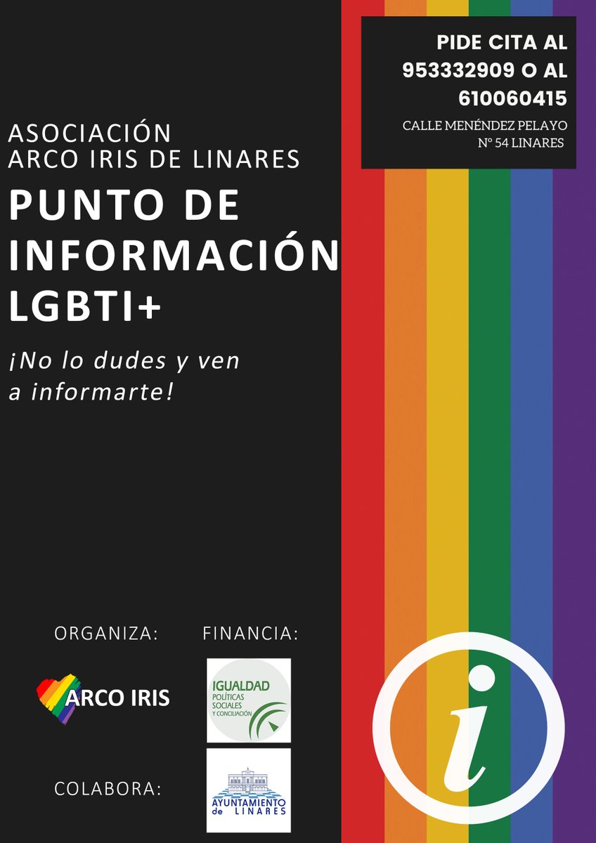 🏳️‍🌈¡Tenemos PUNTO DE INFORMACIÓN #LGBTI+ en #Linares!
🏳️‍⚧️¡Ven a visitarnos!
#Jaén #LGBT #LGBTI #LinaresLGBTI