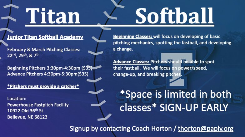 PLSTitansSB's tweet photo. Junior Titan Softball Academy will be hosting pitching classes at the end of Feb and beginning of March.  Get signed up early, space is limited in both classes. #SouthSidePride #TBDIR #FutureTitans #Spin 
https://t.co/x1CY8tsaEj https://t.co/eJoC2RdsET