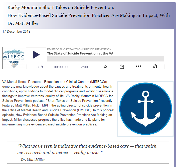 Podcast: How Evidence-Based Suicide Prevention Practices Are Making an Impact, With Dr. Matt Miller and <a href="/adamhoffberg/">Adam Hoffberg</a> A great overview of the VA's Suicide Prevention efforts 
traffic.libsyn.com/denvermirecc/p…