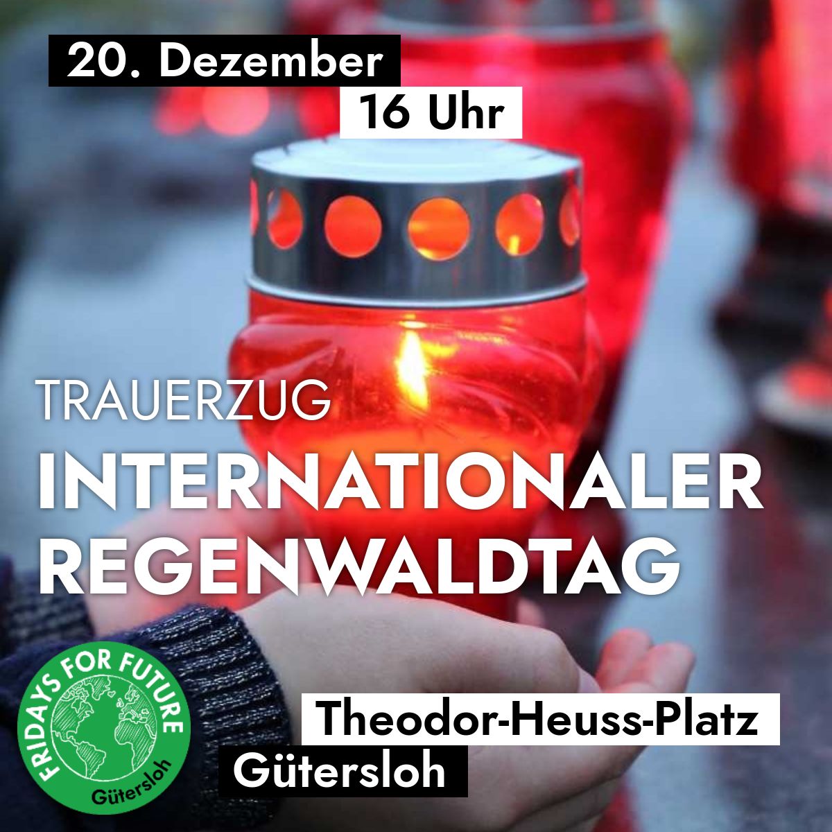 Am 20.12 findet der internationale Regenwaldtag statt! Im Zuge dessen findet um 16 Uhr am Thedor-Heuss-Platz ein Trauer- und Laternenzug statt, um dem Regenwald und zahlreichen anderen Opfern der Klimakrise zu gedenken. Bringt dafür gerne Laternen oder Grabkerzen mit!