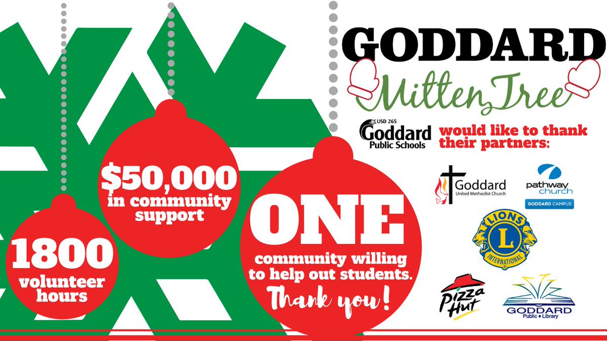 Dinner will be on the table &amp; gifts will be under the tree for 360 students in need - thanks to our #265Family, Goddard Lions Club, Pathway Church (Goddard), Goddard United Methodist Church, Pizza Hut, &amp; Goddard Public Library for their generosity. 

#265Pride 🌟