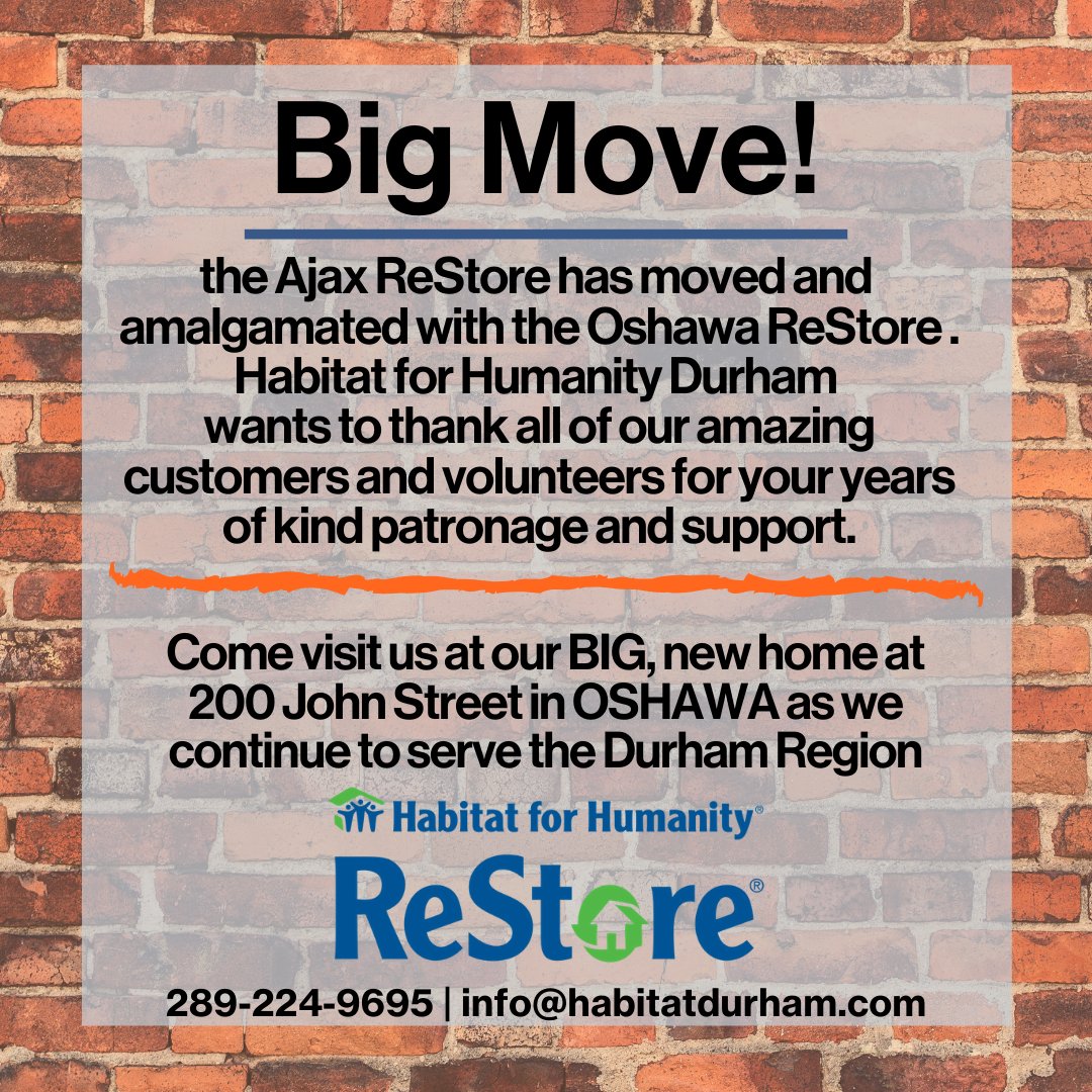 ReStoreDurham's tweet photo. The Ajax ReStore location has officially moved in with their big pals in Oshawa! Check them out at their new home at 200 John St. in the Midtown Mall! 
https://t.co/dHv8M88XCz 

#HFHD #HabitatForHumanityDurham #DurhamRegion #Oshawa #Ajax #DuhamReStore #HabitatDurham https://t.co/y3ViGBg06p