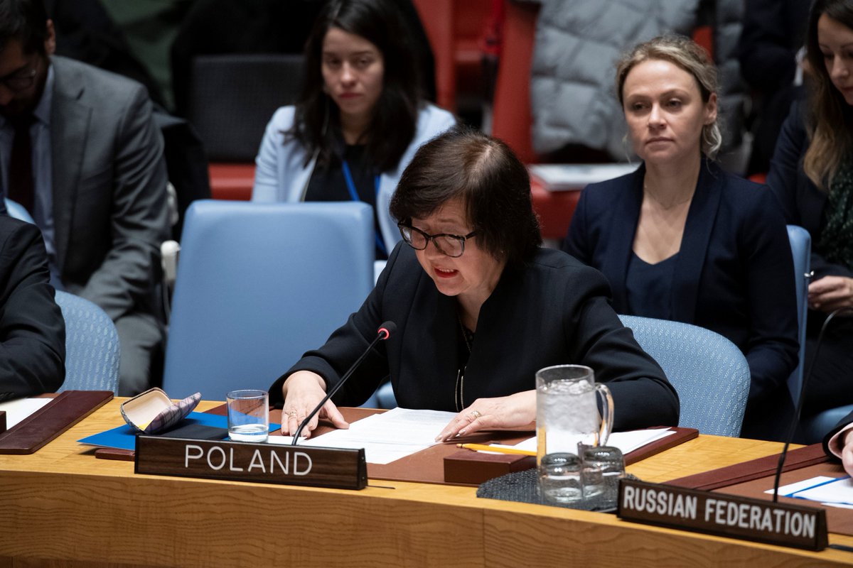 PLinUN's tweet photo. .@PLinUN’s Amb. #Wronecka, chair of #UNSC sanctions committees on #Sudan, #SouthSudan and #Iraq, briefed the Council today at UNSC briefing by outgoing chairs of subsidiary bodies.

#PLUNSC 🇵🇱🇺🇳

Photo ©: UN Photo/Evan Schneider https://t.co/hA9YCJniDu