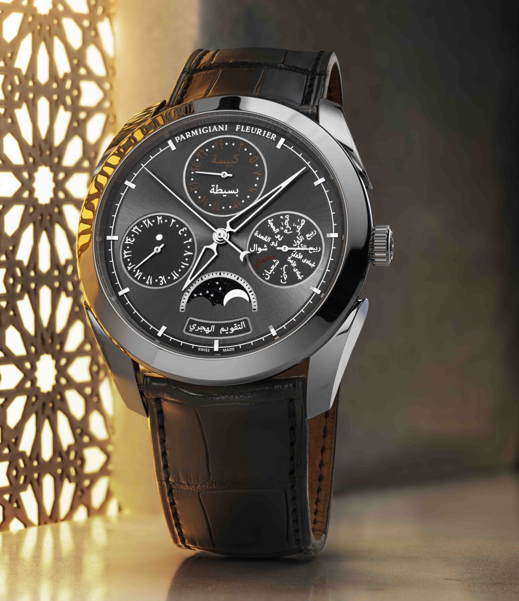 iWMagazine's tweet photo. This new @parmigianiwatch Hijri Perpetual Calendar wristwatch is based on technology that Parmigiani Fleurier developed for a table clock in 2011. The 44.5mm platinum watch tracks the  Hijri or Islamic lunar calendar and is used to pinpoint the days for Islamic holidays. https://t.co/fTDLTSmtCZ