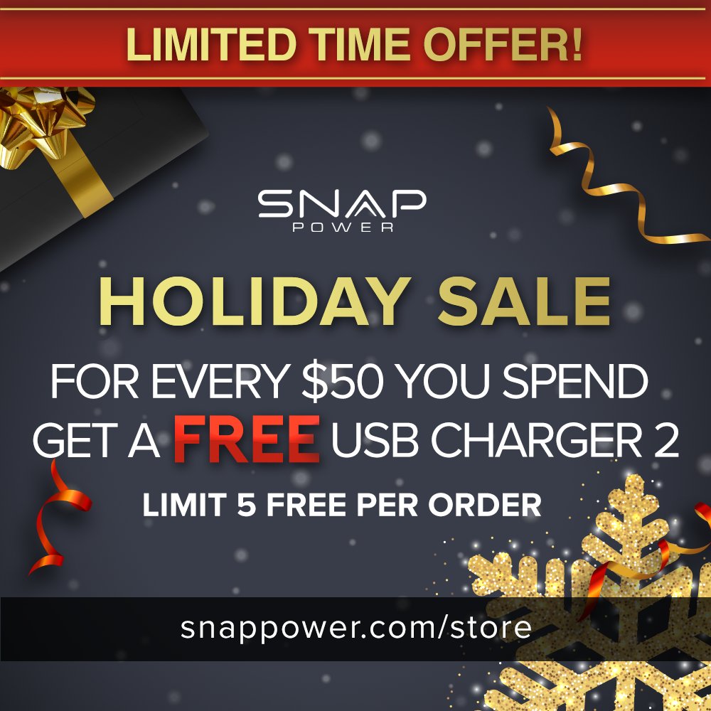 Snap_Power's tweet image. Happy Holidays from SnapPower! We’d love to help you CHARGE up your holidays. For a limited time, get a FREE USB Charging plate with every $50 spent on the site!