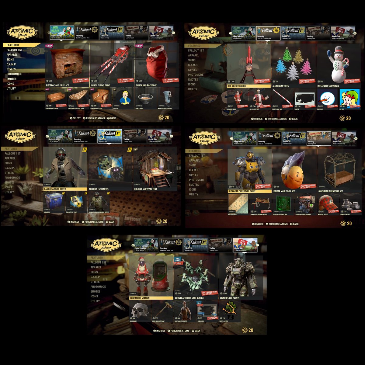 ApocalypticAri1's tweet photo. New Atomic Shop items!
Fireplace, Candy Claws, Santa Bag, Gingerbread furniture
Freebie: Holiday Survival Tent (Fallout 1st only)
#Fallout76 #Bethesda https://t.co/bahetDtoUR