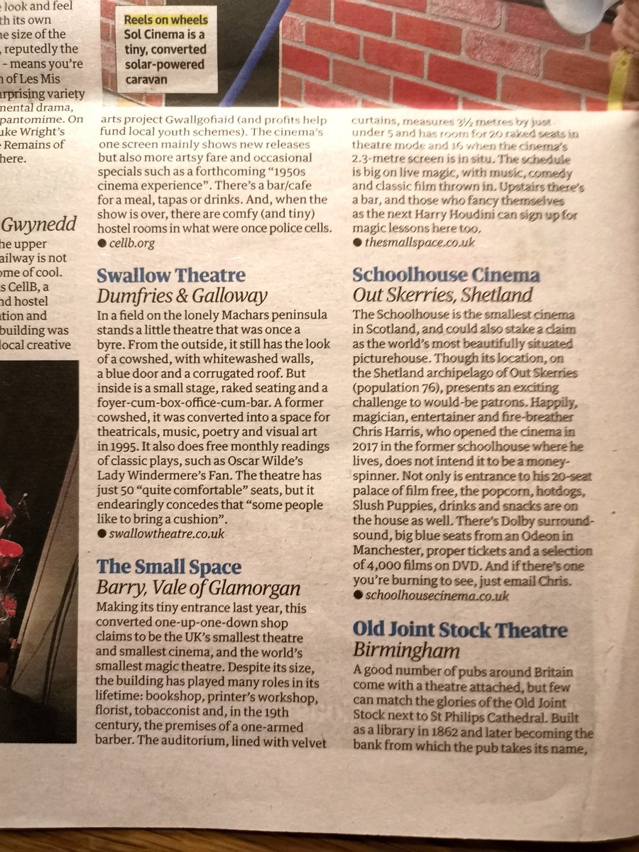 TheSmallSpace5's tweet photo. For those who didn't see us featured in the travel section of Saturday's Guardian here it is below. Thanks to Jane Hutt for keeping us a copy :)
#Barry #Guardianreview #Cinema #Theatre #Comedy #Magic #Magiccircle https://t.co/7EPcOnA7l1