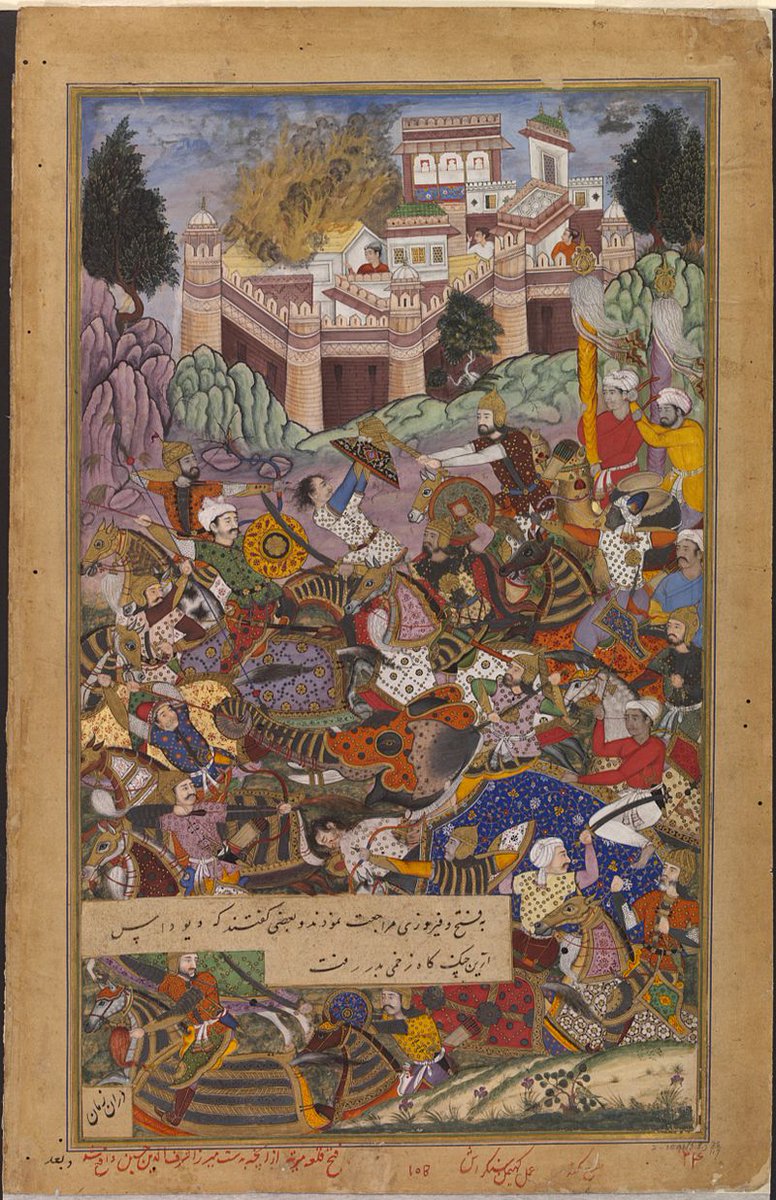 Miniature shows the Mughal armies storming and taking the "Mertha Fort" in Rajasthan in 1561. From "Akbarnama". Victoria and Albert Museum.