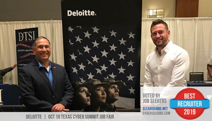 ClearedJobsNet's tweet photo. Congratulations to the team from @DeloitteUS for being voted as #BestRecruiters in 2019 by our community of job seekers. Thank you for making a difference at our #ClearedJobFairs &amp; #CyberJobFairs https://t.co/ERVOQnP7Nz