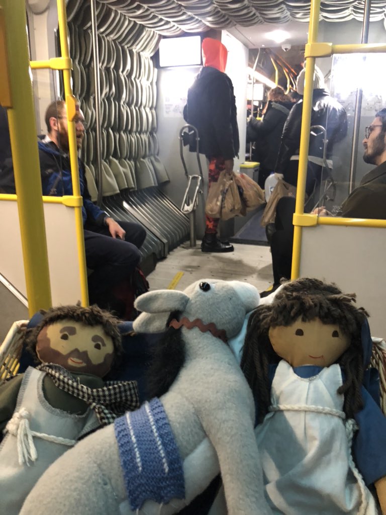 Today’s <a href="/IndyGoBus/">IndyGo</a> #redline adventure: picked up a very pregnant Mary, Joseph and their donkey on the way home. They’re thankful to have a bus rapid transit option to get part of the way to Bethlehem, but I wasn’t sure what fare to get for them? 😬