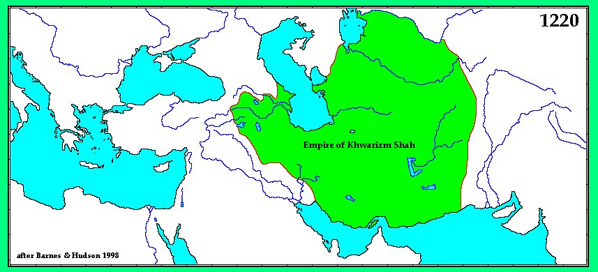 The Khwarezm-Shah Empire at its largest extent. The dynasty spanned 3.6 million square kilometers.The name "Khwarezm-Shah" is derived from Persian "Khwārazmshāhiyān" (خوارزمشاهیان), "Kings of Khwarezm".