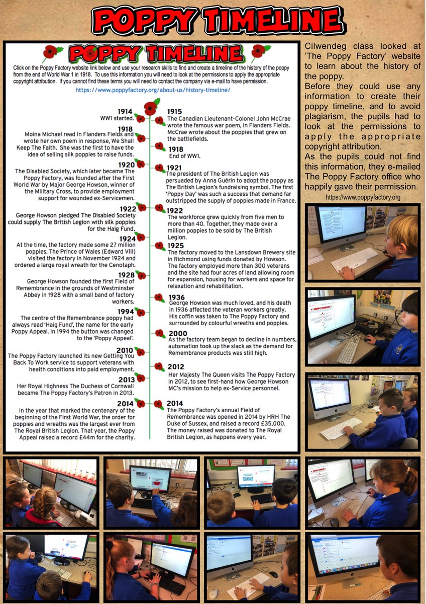 ysgolpenboyr's tweet photo. Cilwendeg class completed 3 tasks in J2E.They found a WW1 photo and poppy image and looked at the copyright permissions.They created a timeline and e-mailed the company for permission to use the information &amp; created a Remembrance Day fact file @Danny_j2e @just2easy_com @HwbNews https://t.co/ajmFUOHznd
