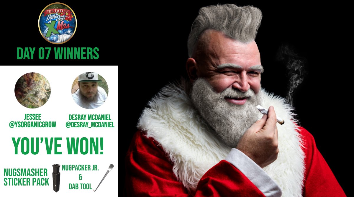 Nugsmasher's tweet photo. With the 12 Dank Days of Xmas halfway completed we want to thank all our participants and say congratulations to the day 7 winners, @YsorganicG and @DesRay_McDaniel! Congrats to you both! You've won a runner up prize pack! #12DankDaysofXmas #NugSmasher #contest #thc #cbd https://t.co/wTYayfkAPx