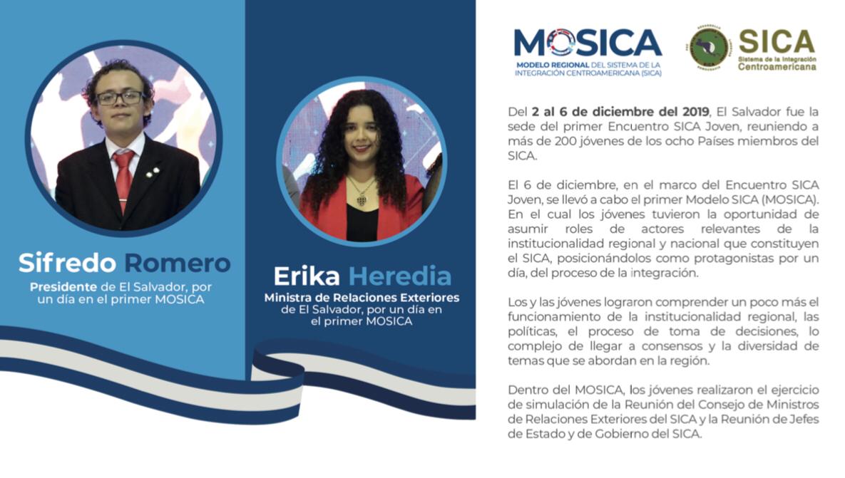sg_sica's tweet photo. @zaiz_melina @nelsonpenna @MiguelVargasM @DaniloMedina @MIREXRD @PresidenciaRD @olindasalguero @VinicioCerezo @NitoCortizo @CancilleriaPma @aferrerl @CarlosAlvQ @epsycampbell @presidenciacr @CRcancilleria @lisandrorosales @JuanOrlandoH @CancilleriaHN @Presidencia_HN ✅En el 1° #ModeloSICA (MOSICA) participaron + de 200 jóvenes. Ejercicio de simulación, en el que todas y todos fuimos protagonistas del proceso de integración.
Conoce a quienes eligieron como Canciller y Presidente por un día🙋♂🙋♀ de #ElSalvador @nayibbukele @CancillerAleHT https://t.co/YL0tctPGKz