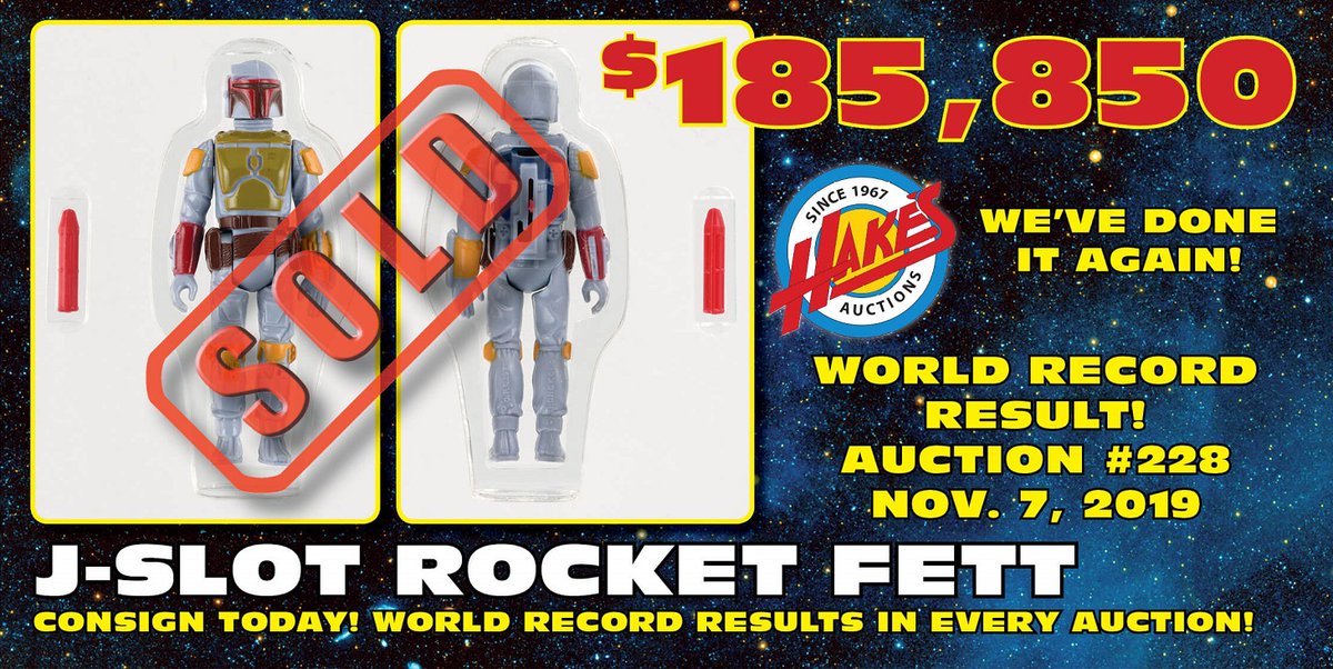 HakesAuctions's tweet photo. SOLD FOR $185,850! #DYK @HakesAuctions recently sold this #AFA 85+ NM+ #JSlot #RocketFiringBobaFett #prototype? Hake's is your @starwars source, consign your #vintage #StarWars #collectibles today!
#Kenner #Mandalorian #BobaFett #StarWarsToys #StarWarsFans #StarWarsCollectors https://t.co/EnCEVnuwYq