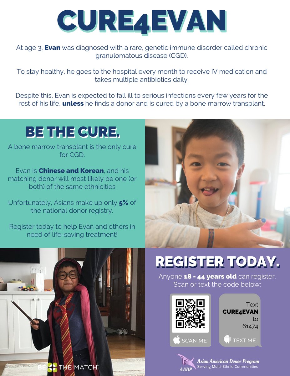 Evan is 7 years old and urgently needs a #lifesaver to save him from #CGD. Because he is #Korean and #Chinese, he is having a hard time finding a perfect #match. Therefore, we need everyone to register online now to help save his life: join.bethematch.org/Cure4Evan @BeTheMatch