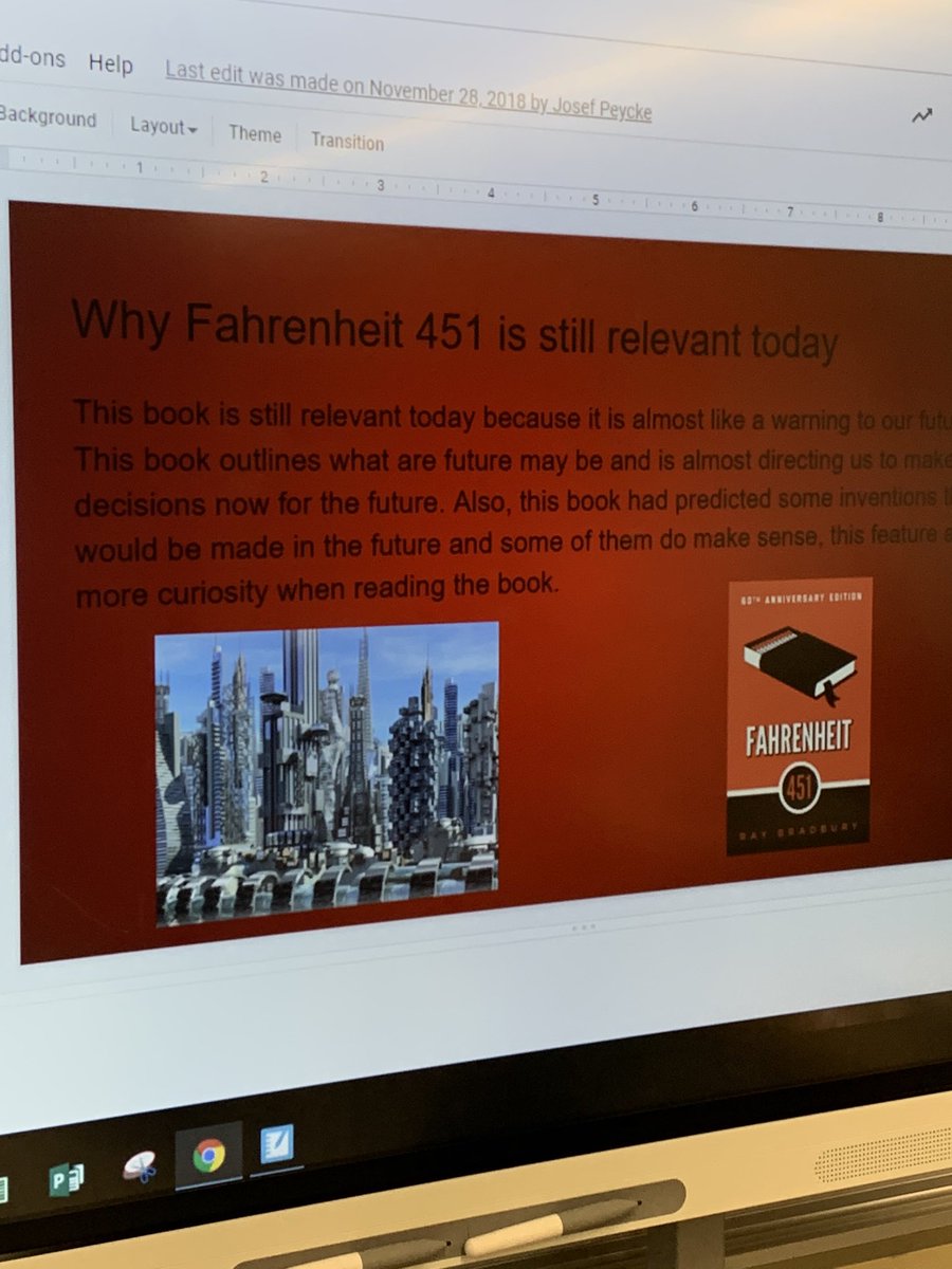 HeatherMEnright's tweet photo. Why do we read? Why do we write? Questions for Ss to ponder &amp; reflect upon after our reading of Fahrenheit 451 by Ray Bradbury. https://t.co/b19KJ95UkF
