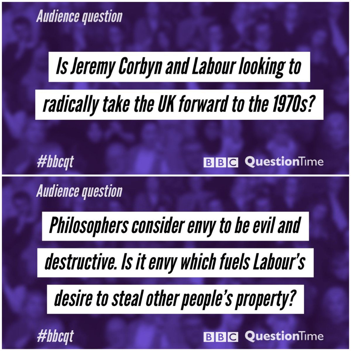 Here's a few recent questions from the increasingly farcical  @bbcquestiontime, which out of the tens of thousands who apply to be in the audience, mysteriously manages to attract an endless supply of known Tory & right wing activists, many of whom make multiple appearances...