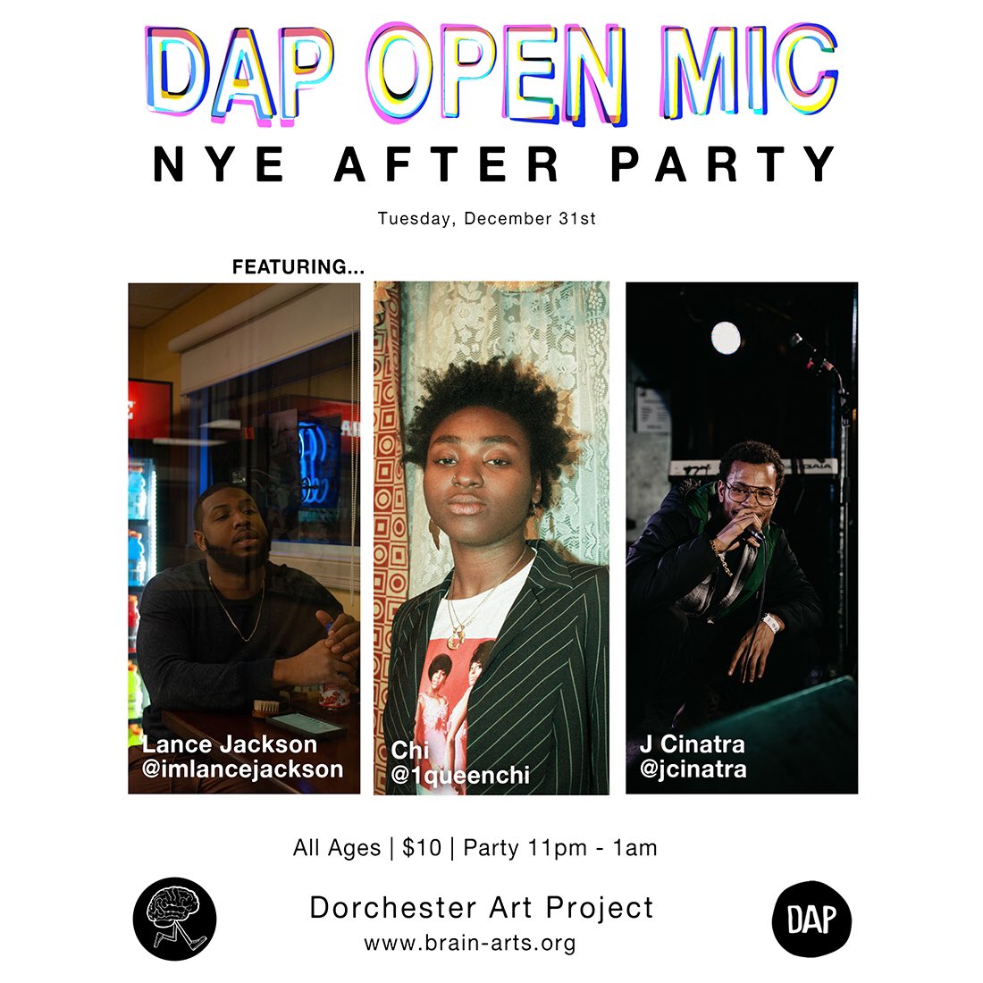 dotartproject's tweet photo. End the decade with a bang and come out to the NYE DAP Open Mic hosted by @Lavanyai w/ an after party featuring @imlancejackson, @1QUEENCHI and @jcinatra 🥂✨🔥🥳 #dapopenmic #newyearseveparty #bostonhiphop #openmic #hiphop #newyear  #nonprofit #supportlocalartists https://t.co/luNpxceTYn