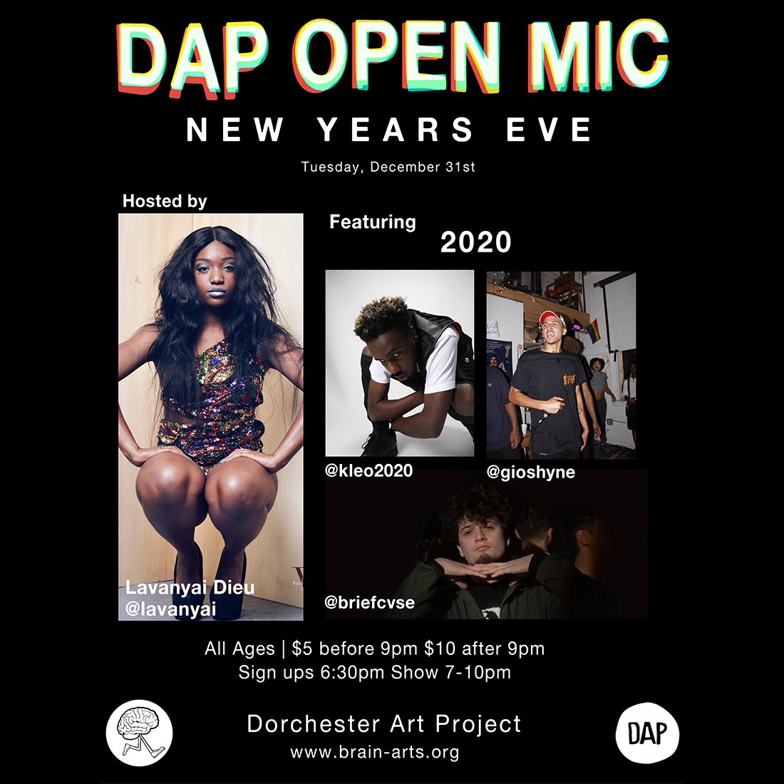 dotartproject's tweet photo. End the decade with a bang and come out to the NYE DAP Open Mic hosted by @Lavanyai w/ an after party featuring @imlancejackson, @1QUEENCHI and @jcinatra 🥂✨🔥🥳 #dapopenmic #newyearseveparty #bostonhiphop #openmic #hiphop #newyear  #nonprofit #supportlocalartists https://t.co/luNpxceTYn