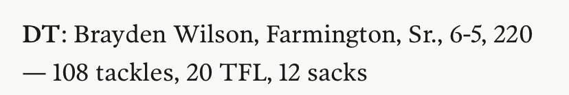 BraydenWilson20's tweet photo. Honored to make All State 5A first team Defense Tackle huge shout out to all my team mates and coaches getting me here. 108 tackles 12 sacks and 20 TFL @coatsie20 @AlphaRecruits15 https://t.co/89Ll1PzjUj