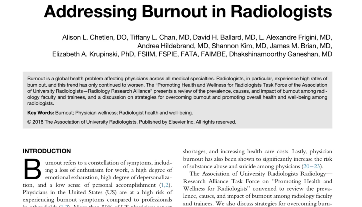 T1: There's a great article on burnout by <a href="/ALChetlen/">Alison L. Chetlen, D.O. FSBI</a> et al. Their TABLE 1 includes a list of "Interventions to Overcome Burnout" for both radiologists and organizations - key elements to a sound wellness program. <a href="/DavidBallardMD/">David Ballard</a> <a href="/ShannonKimMD/">Shannon Kim, MD</a> #RadResChat academicradiology.org/article/S1076-…