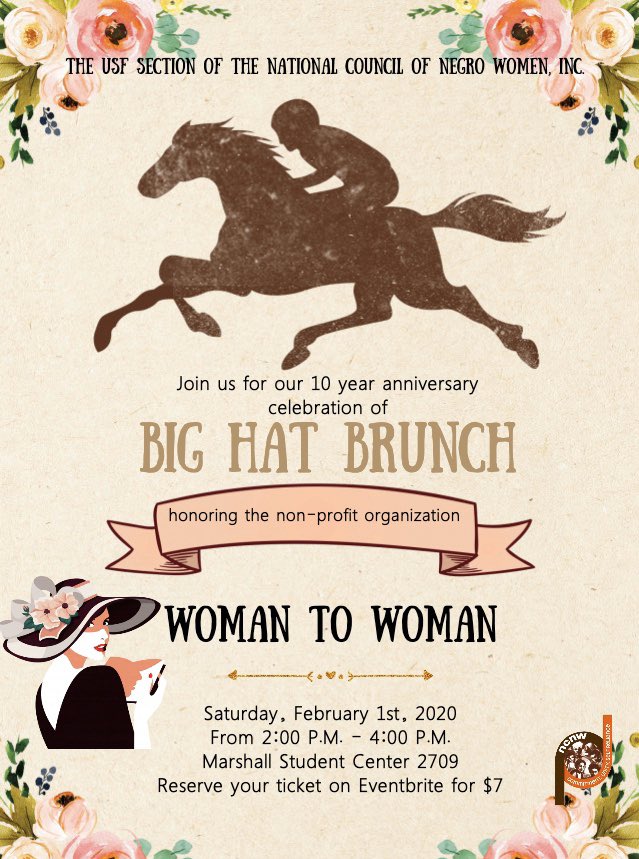 NCNW_USF's tweet photo. Join us as we celebrate 10 years at the University of South Florida and honor the non-profit organization “Woman to Woman” through our Big Hat Brunch event.💜 Come dressed in your Kentucky Derby attire February 1st at 2 p.m. for a fun filled afternoon! https://t.co/IFNxsTZozW
