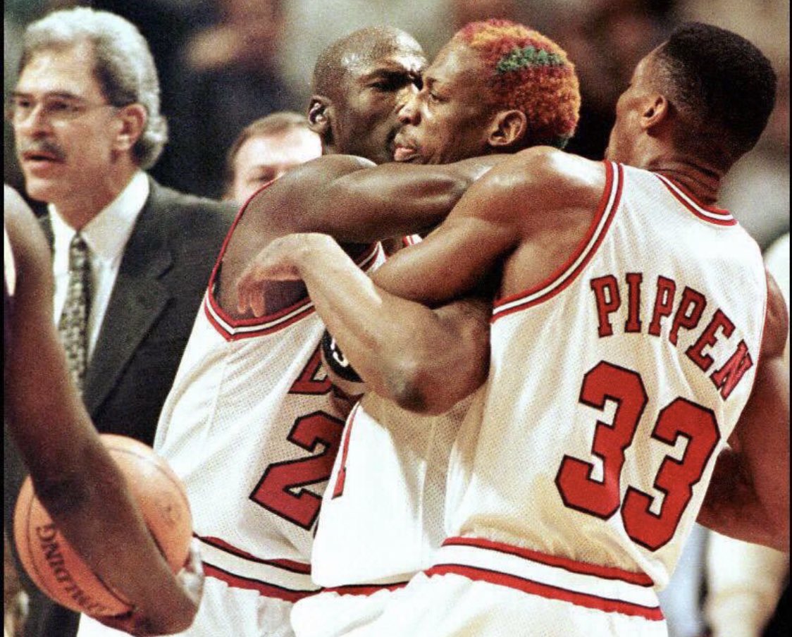 timelesssports_'s tweet image. (1996) 23 years ago today, Dennis Rodman was tackled to the ground by teammates, Jordan and Pippen, in order to be restrained from going after Shaq! 🍿
