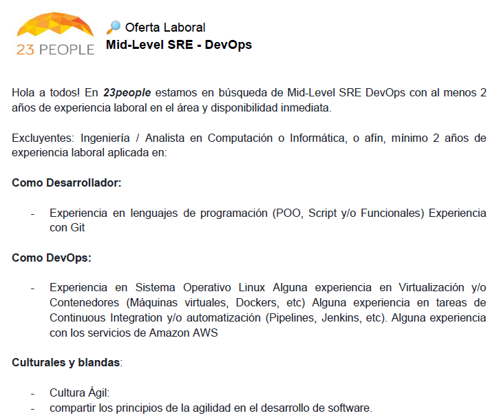 soyeqa's tweet photo. Interesantes #oportunidadeslaborales con el cargo de Mid-Level SRE - DevOps #compartir #ofertalaboral generemos #networking 👍 quedo atento en eduardoquiroga@ieee.org https://t.co/c4dV91ejw6