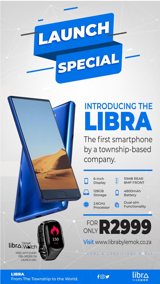 zibit_78's tweet photo. Waste no time bless yourself with the new Libra ๐ฅ
New phone finally launched today
#ReasonToBuyLibra
128 Gb storage
10mp back 8 mp front
4800 mah battery
๐All for R2 999 plus a free watch ๐
#Libra18Dec
Dm @LibraByLemok
Website https://t.co/AaPBEGa5Pw https://t.co/AfIsHXrWmn