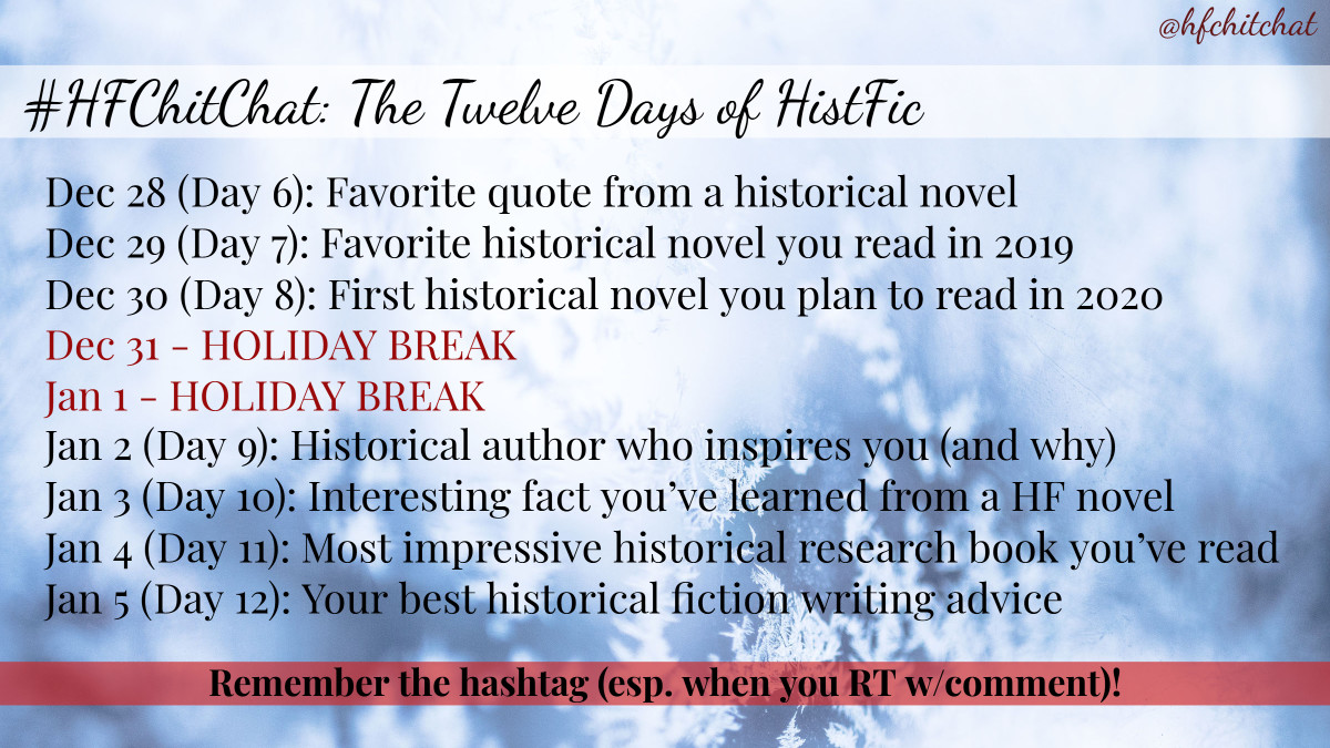 hfchitchat's tweet photo. Day 6, 12 Days of HistFic
Tell us a favorite quote from a historical novel.
We can’t wait to see! 😉🎉
#HFChitChat https://t.co/JJL5A9FRKb