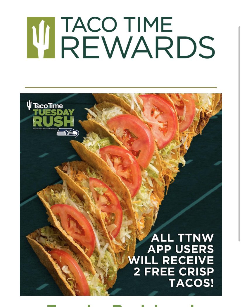ChristyRenee's tweet photo. Taco Gods blessed us AGAIN. TWO Tacos on Taco Rush Tuesday!!! 😍 Every rush during #seavscar made me so hungry 4 tacos Thank you TT @TacoTimeNW #12s #lovebeinggreen #tacorushtuesday #gohawks #seahawks #tacotimetweets #twelfie #touchdownsandtacos #letsTACOaboutplayoffs 💚🌮💙🏈 https://t.co/7TVi9rf6sV