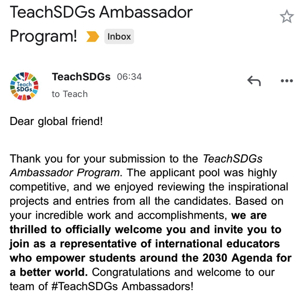 desmil7's tweet photo. I am so honored to join as a Cohort 4 #TeachSDGs Ambassador! Looking forward to working with a global community of TeachSDGs educators to work together to meet the United Nations 2030 Agenda to reach the #GloboalGoals! https://t.co/ttRv5xsFJa