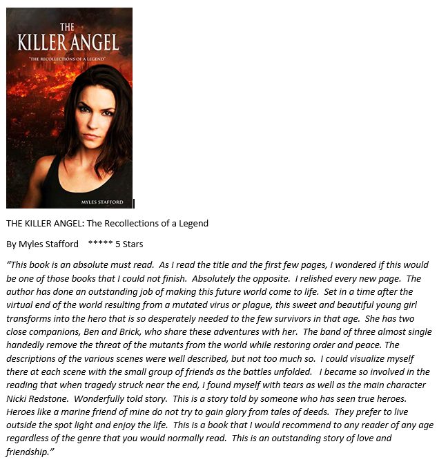 Just finished an outstanding book.  Put it on your MUST READ list! "The Killer Angel: Recollections of a Legend" by Myles Stafford.  Don't get hung up on the title.  Start reading. You won't be able to put it down and you will enjoy it!
amazon.com/KILLER-ANGEL-R…