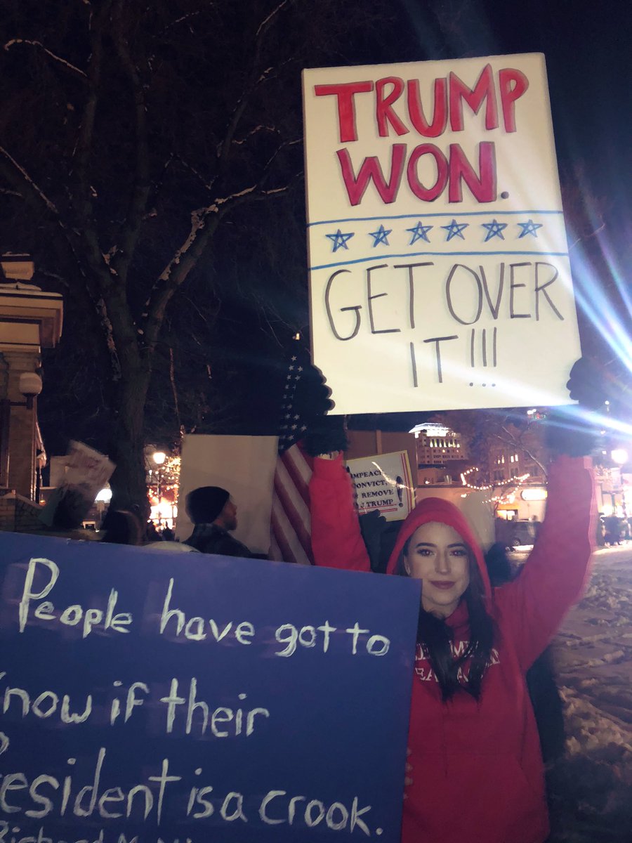 stclairashley's tweet photo. Tonight I was hit in the face, followed, harassed, called white trash, a white supremacist, and every other name in the book. 

But we still came out to stand with @realDonaldTrump at this impeachment rally ❤️🇺🇸

Trump won. GET OVER IT! https://t.co/ofDzDuVkih